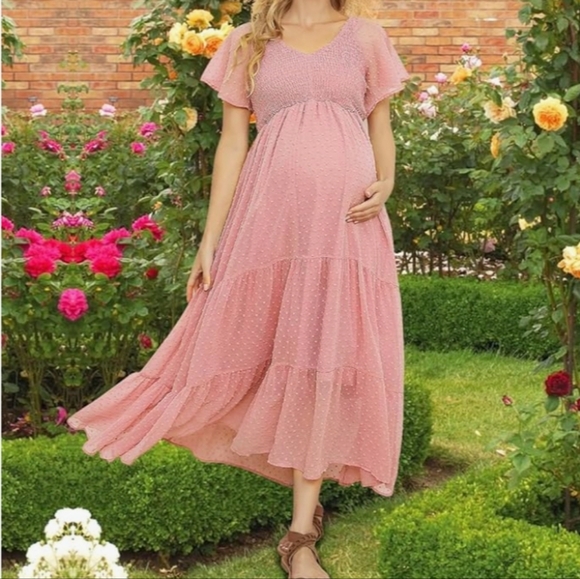 Pink Swiss Dot Smocked Tiered V Neck Maternity Dress - Picture 1 of 7